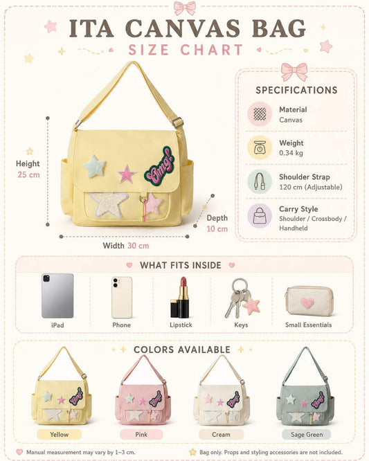 Itamoon Star Canvas Shoulder Bag – Cute Kawaii Pastel Crossbody Bag