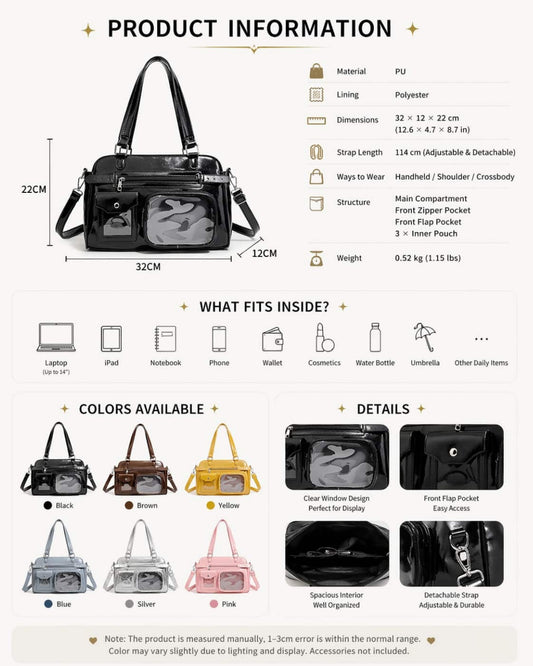 Itamoon Vintage Glossy Ita Bag Handbag with Clear Display Pockets