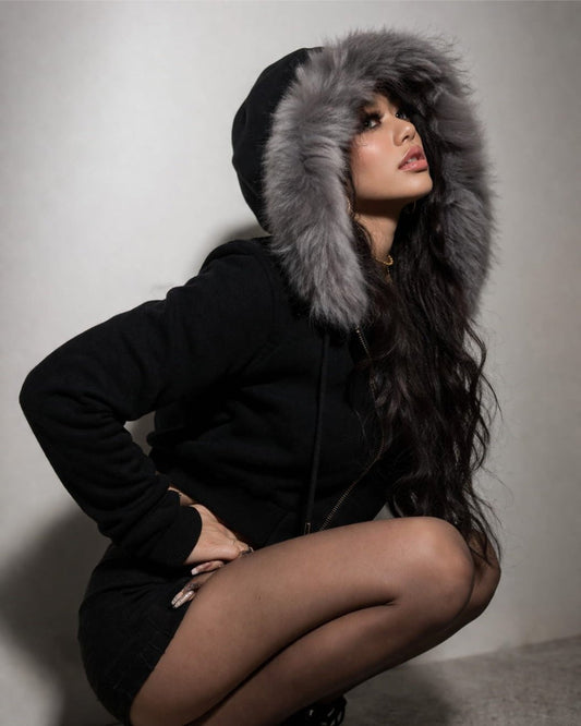 GyaruLab Amekaji Faux Fur Trim Hooded Zip - Up Hoodie - GyaruLab