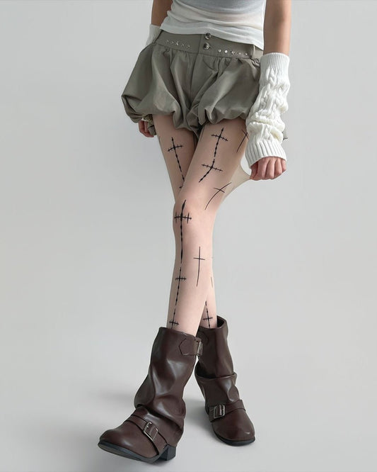 Gyarulab Cross Tattoo Sheer Tights | Dark Statement Stockings - GyaruLab