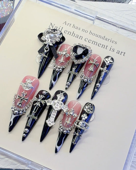 GyaruLab Gothic Cross Chrome Press On Nails - GyaruLab