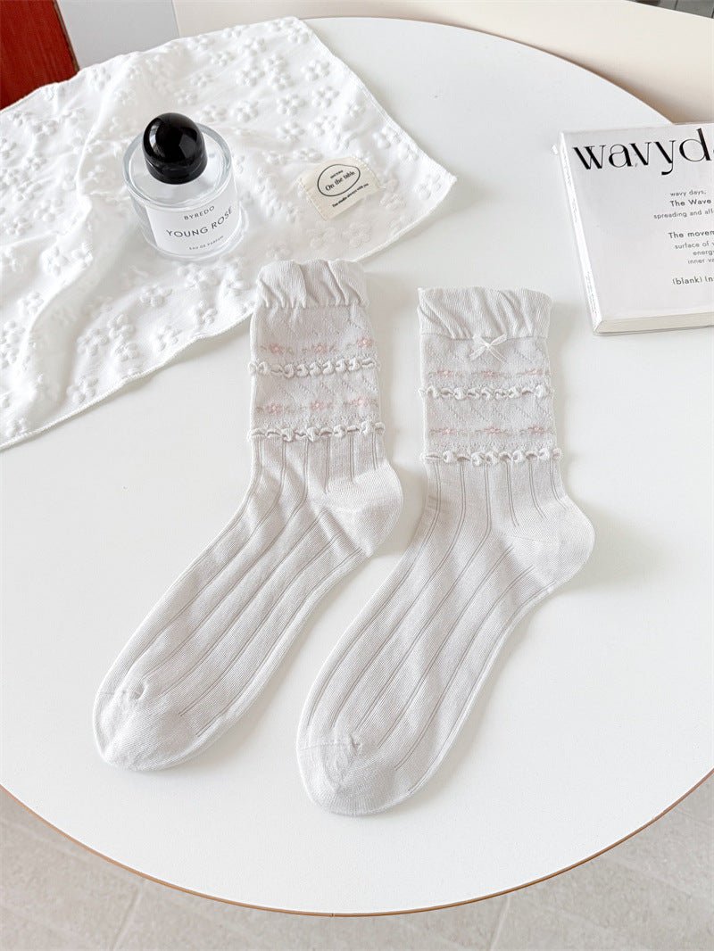 GyaruLab Lace Bow Floral Socks – Soft Girl Gyaru Mid - Calf - GyaruLab