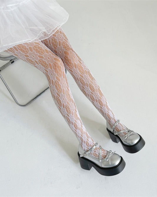 GyaruLab Lace Fishnet Tights – Y2K Floral Sheer Gyaru Stockings - GyaruLab
