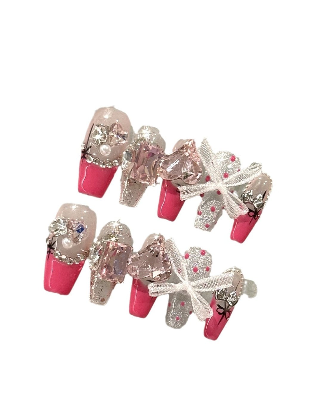 GyaruLab "Royal Ribbon" Pink Crystal Glimmer Nails - GyaruLab