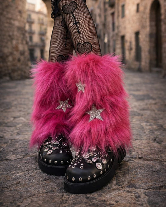 GyaruLab Y2K Plush Star & Bow Furry Leg Warmers - GyaruLab