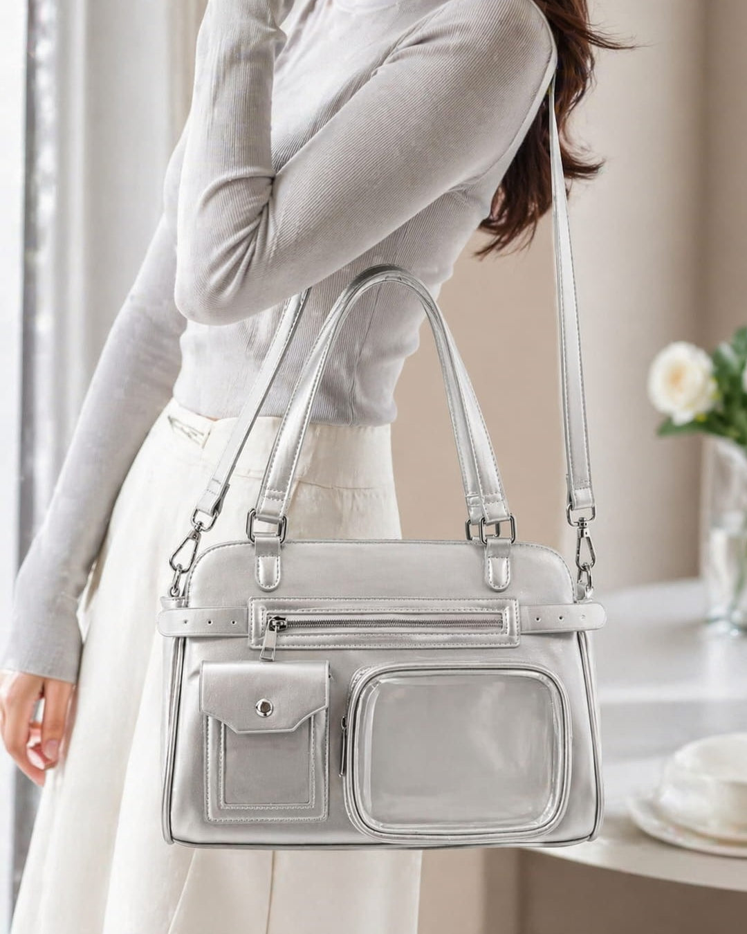 Itamoon Vintage Glossy Ita Bag Handbag with Clear Display Pockets