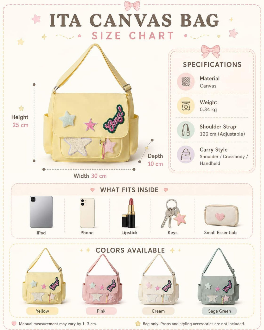 Itamoon Star Canvas Shoulder Bag – Cute Kawaii Pastel Crossbody Bag