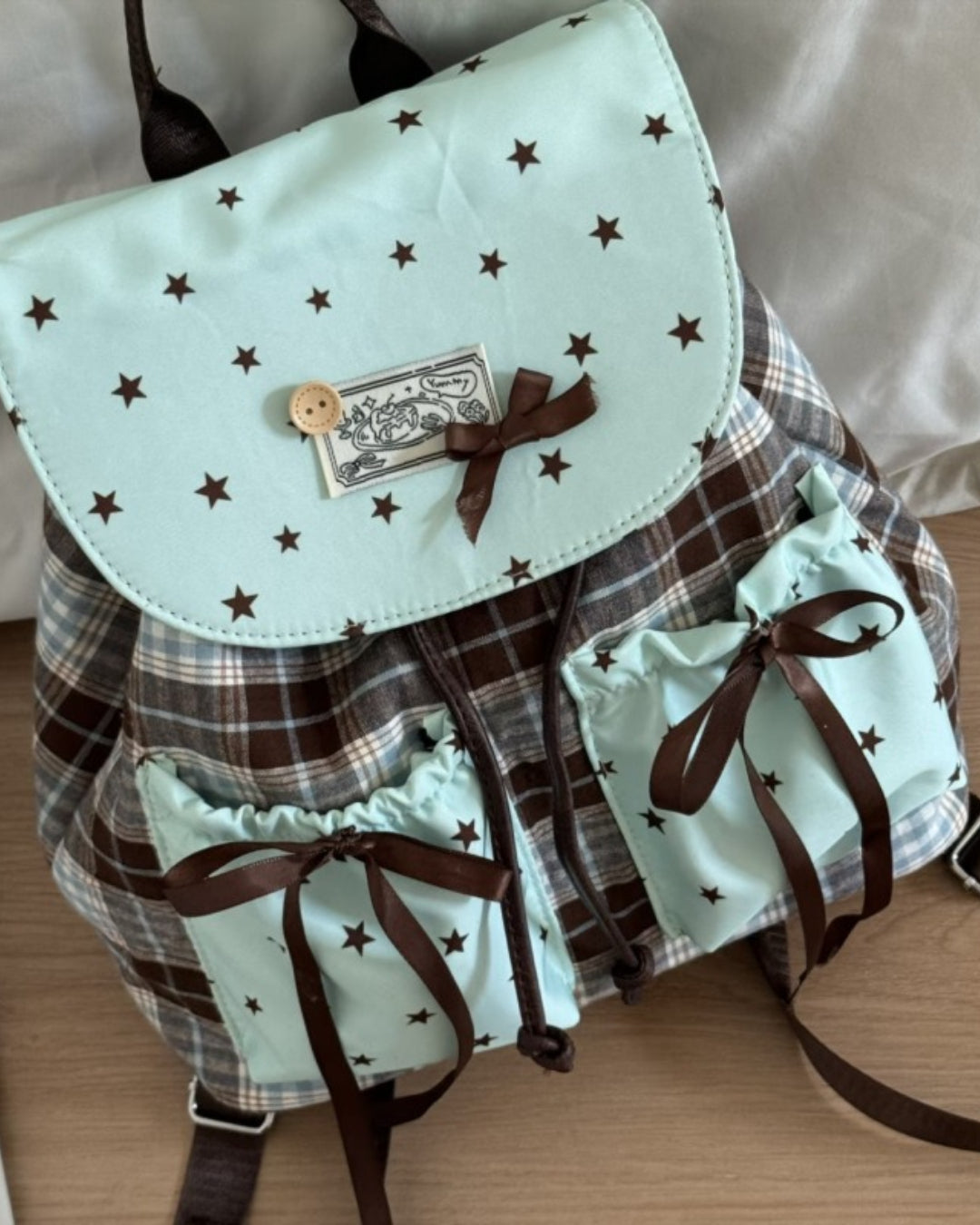 Itamoon Kawaii Star Plaid Bow Backpack