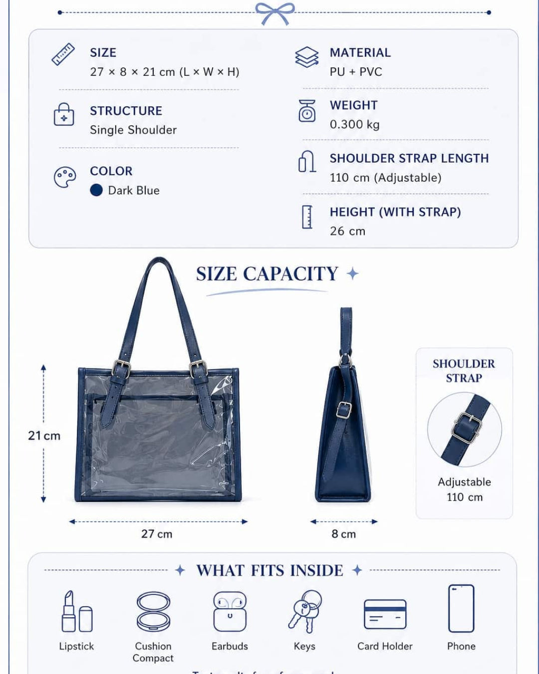 Itamoon Ita Bag – Cute Kawaii Navy Clear Window Tote