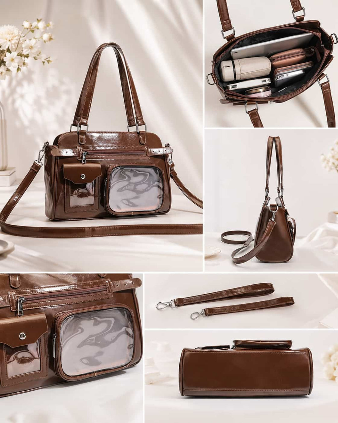 Itamoon Vintage Glossy Ita Bag Handbag with Clear Display Pockets