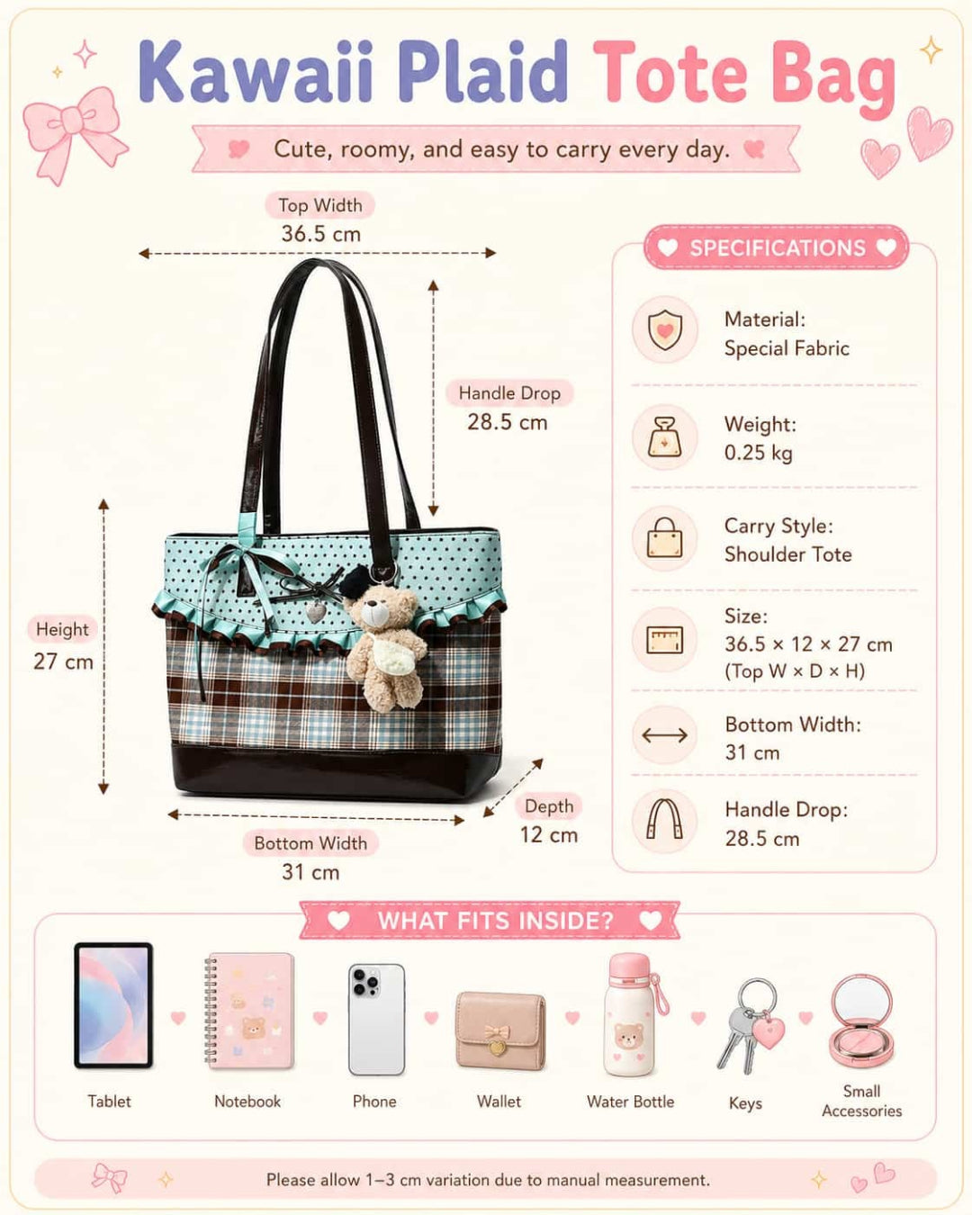 Itamoon Ita Bag – Cute Kawaii Plaid Ruffle Tote Bag