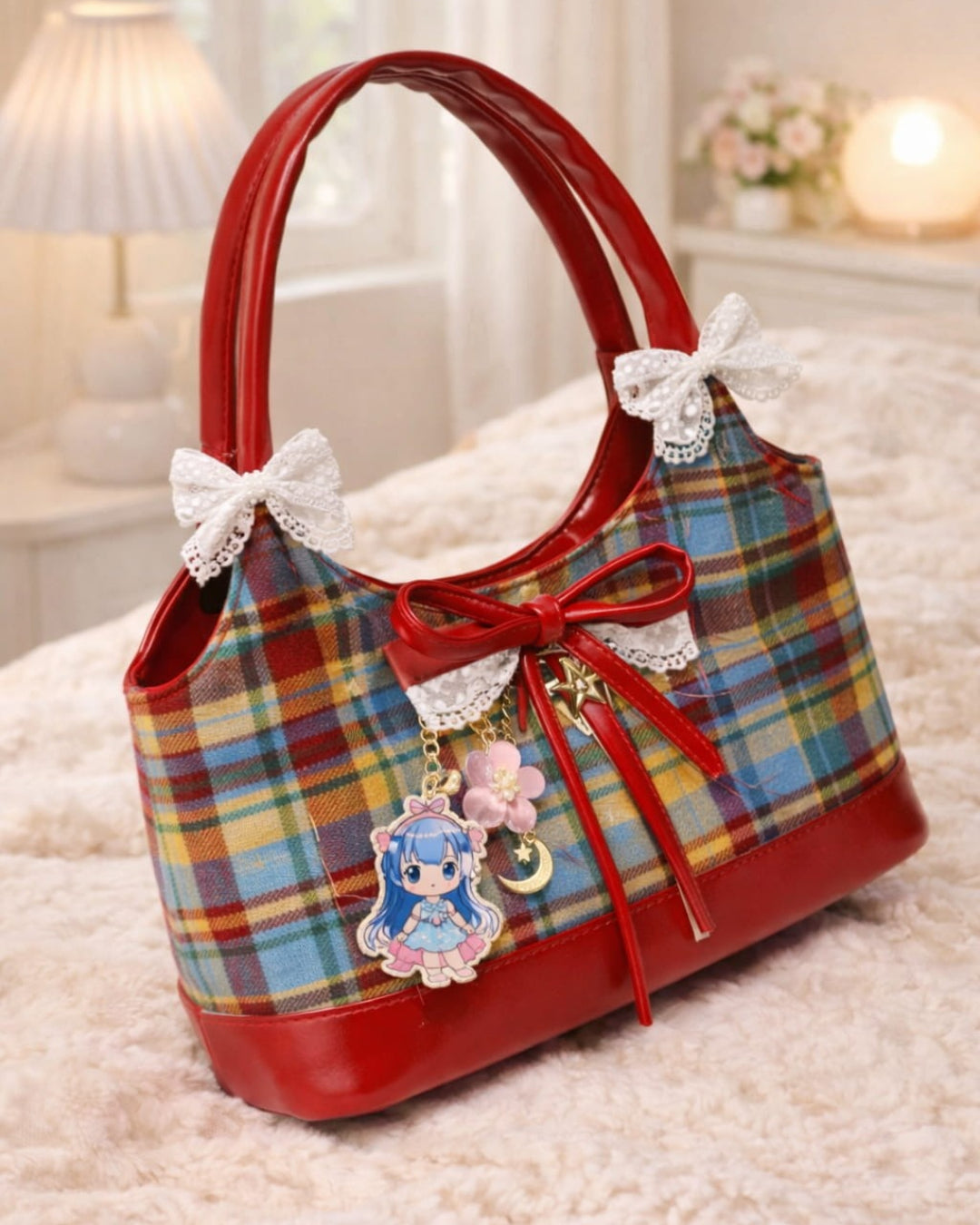 Itamoon Kawaii Handbag Plaid Cute Bow Tote