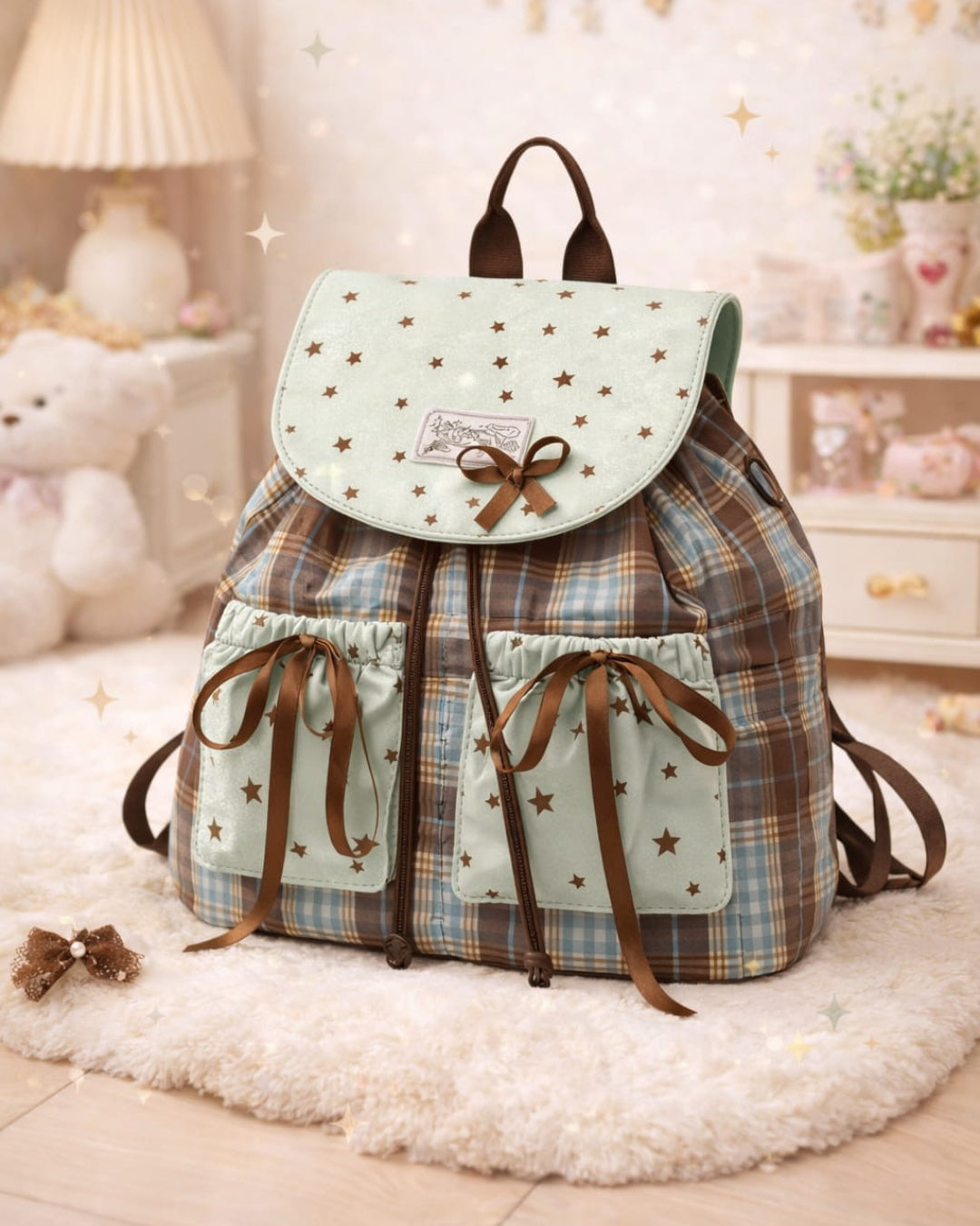 Itamoon Kawaii Star Plaid Bow Backpack