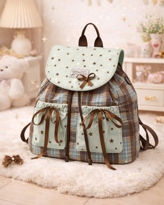 Itamoon Kawaii Star Plaid Bow Backpack