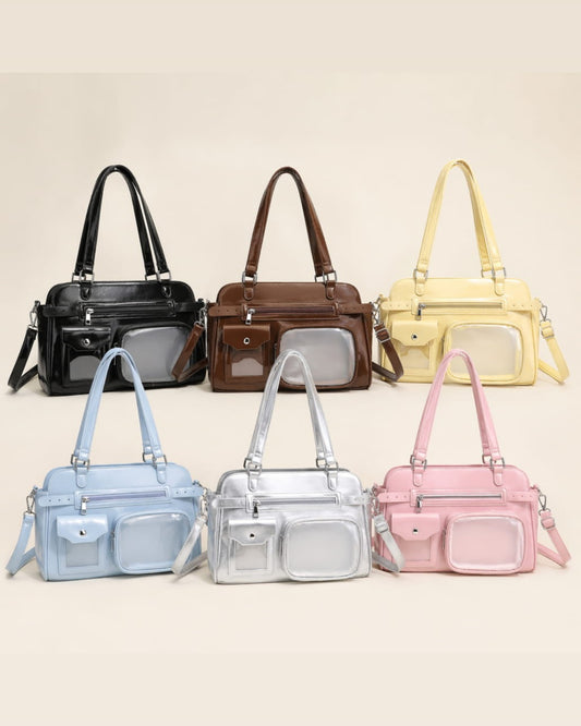 Itamoon Vintage Glossy Ita Bag Handbag with Clear Display Pockets