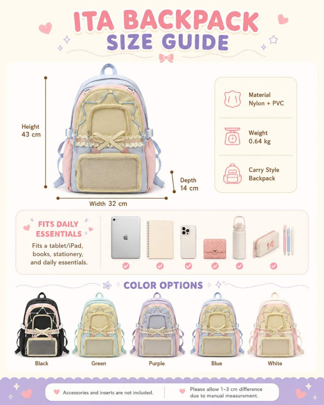 Itamoon Ita Bag Backpack – Cute Kawaii Lace-Up Double Clear Window Backpack