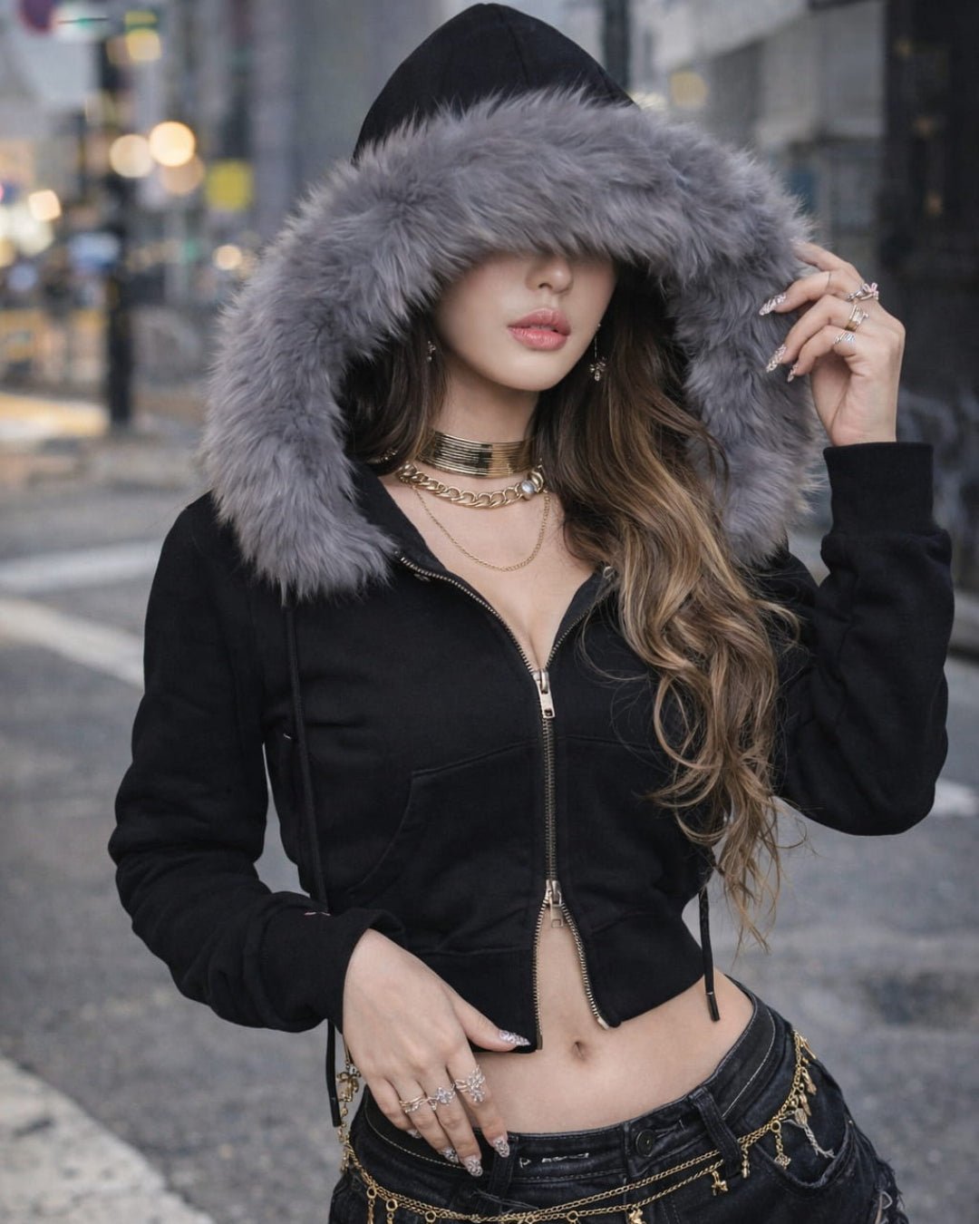 GyaruLab Amekaji Faux Fur Trim Hooded Zip - Up Hoodie - GyaruLab
