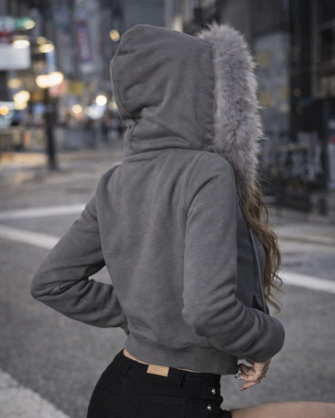 GyaruLab Amekaji Faux Fur Trim Hooded Zip - Up Hoodie - GyaruLab