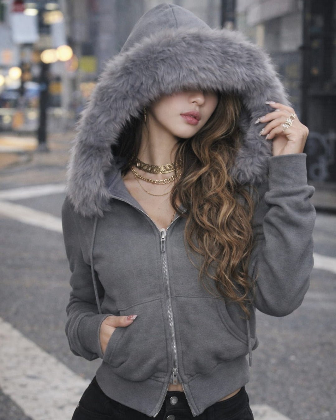 GyaruLab Amekaji Faux Fur Trim Hooded Zip - Up Hoodie - GyaruLab