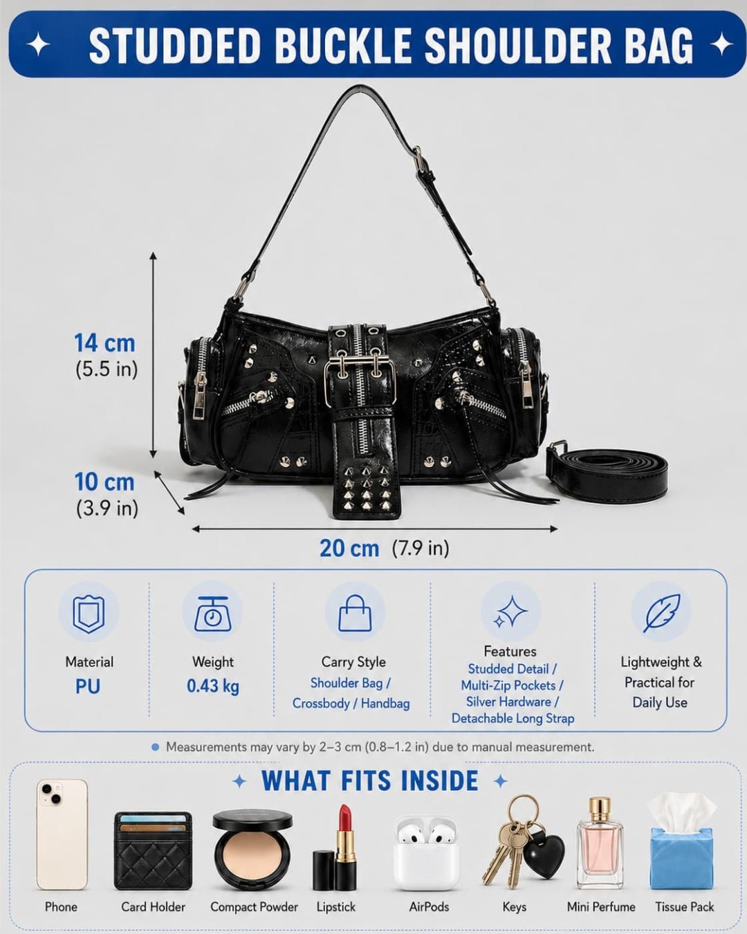 GyaruLab Black Studded Rokku Shoulder Bag - GyaruLab