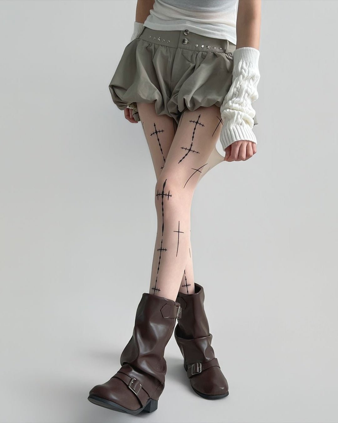 Gyarulab Cross Tattoo Sheer Tights | Dark Statement Stockings - GyaruLab
