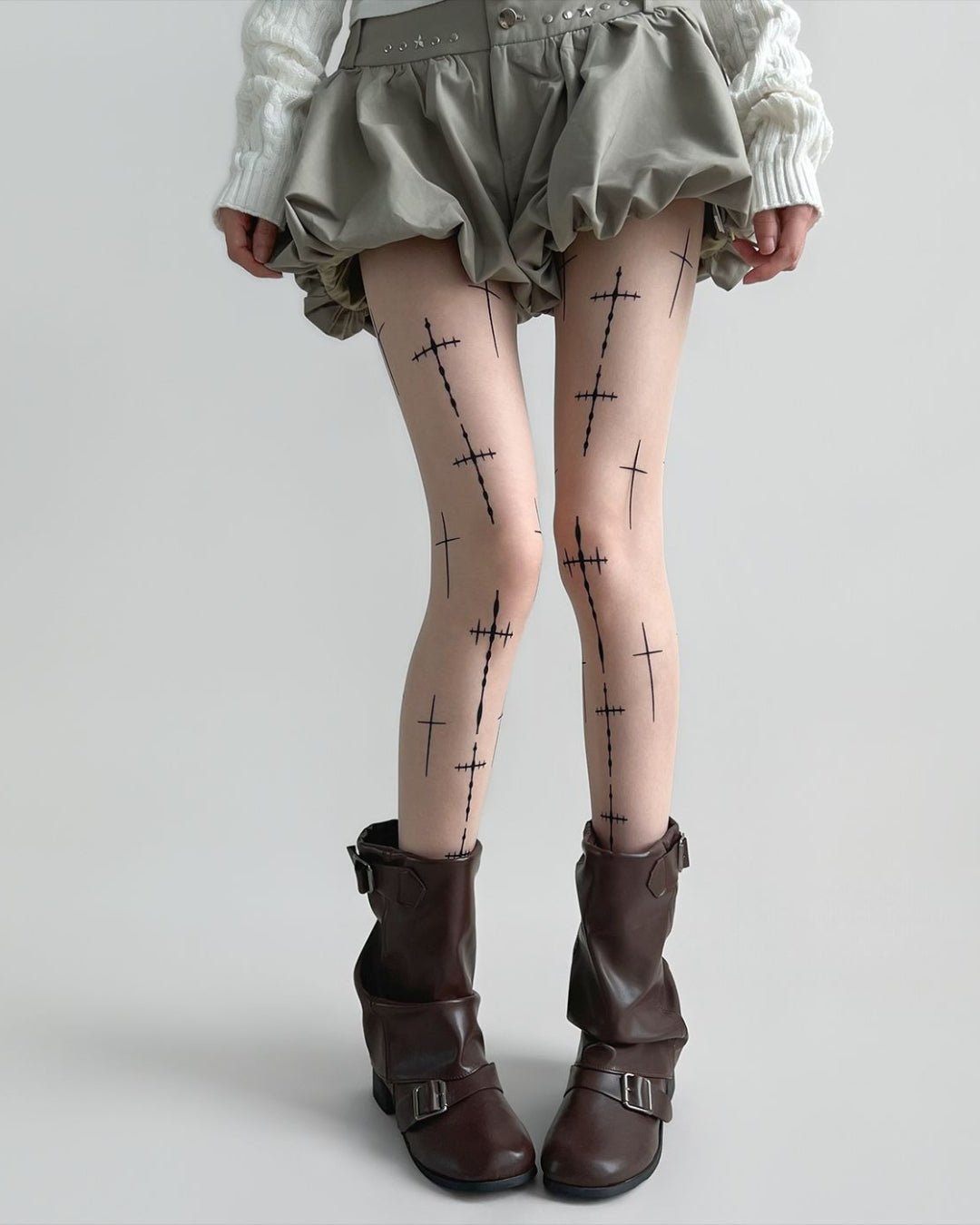 Gyarulab Cross Tattoo Sheer Tights | Dark Statement Stockings - GyaruLab