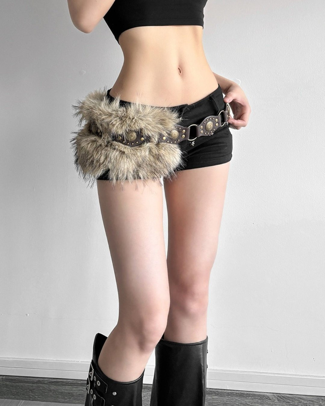 GyaruLab Faux Fur Studded Belt Y2K Amekaji - GyaruLab