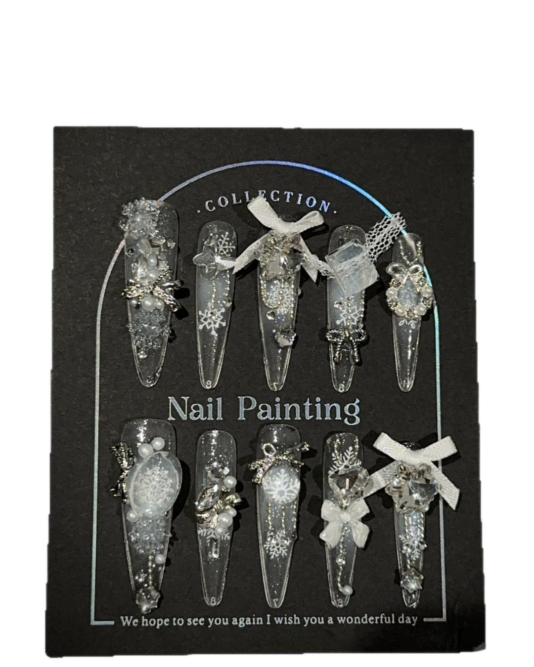 GyaruLab "Frost Angel" Lace & Silver Snow Nails - GyaruLab