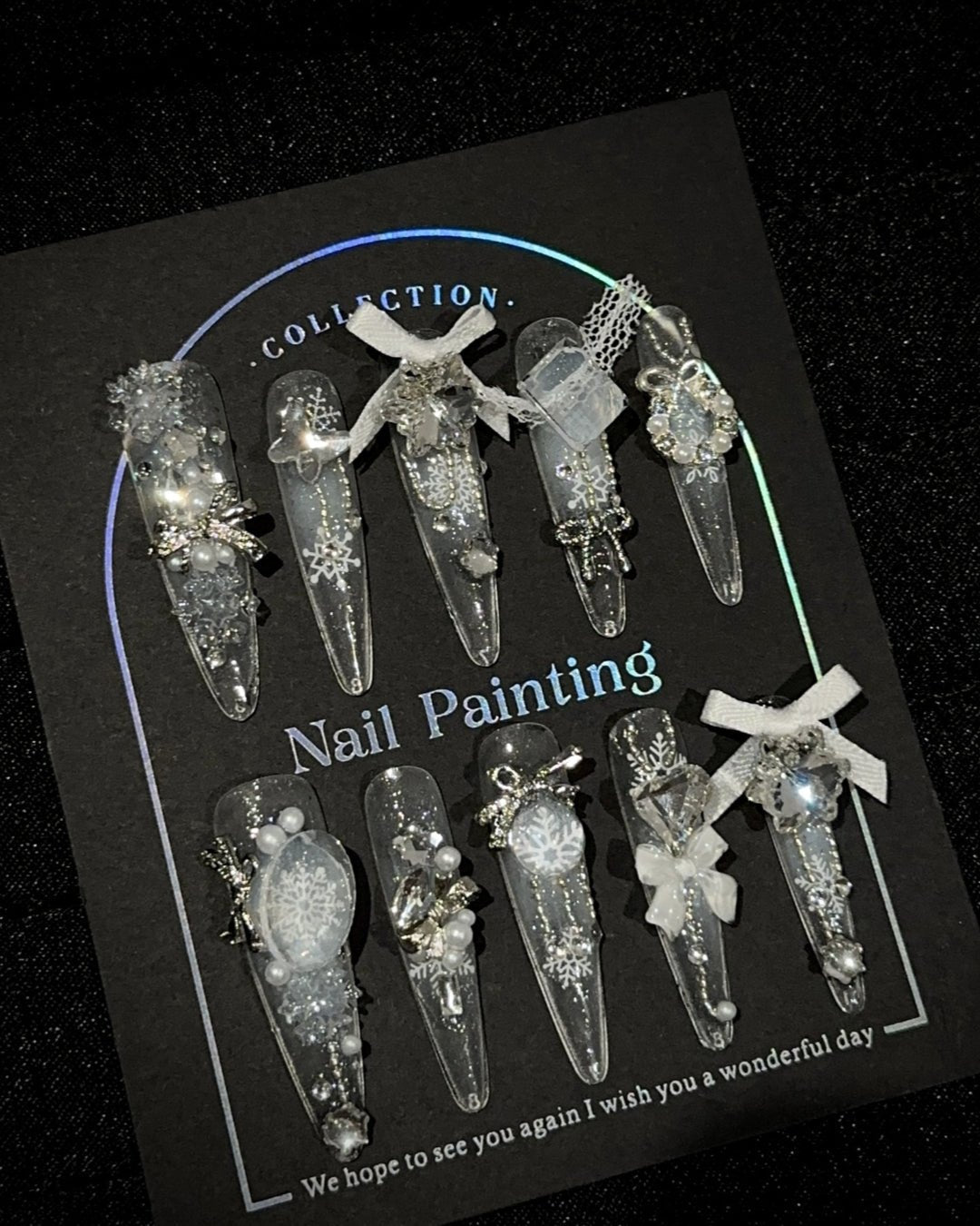 GyaruLab "Frost Angel" Lace & Silver Snow Nails - GyaruLab