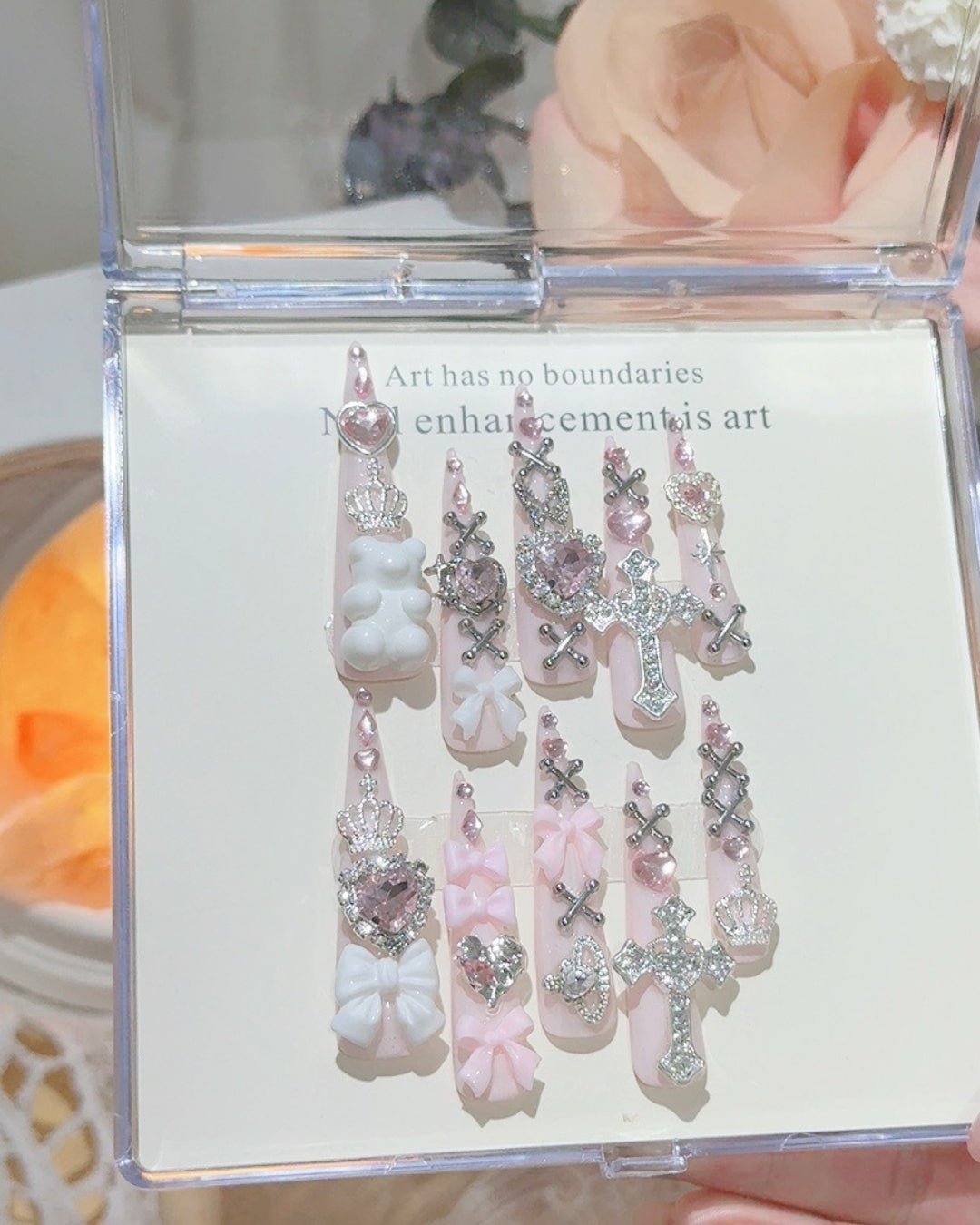 GyaruLab "Gothic Princess" Pink & Bear Jewels Nails - GyaruLab