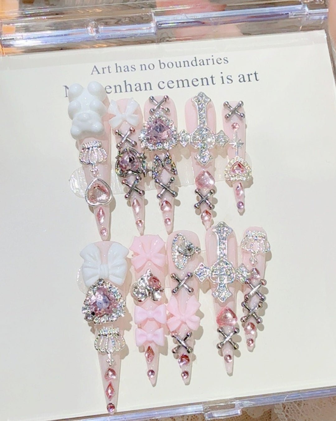 GyaruLab "Gothic Princess" Pink & Bear Jewels Nails - GyaruLab