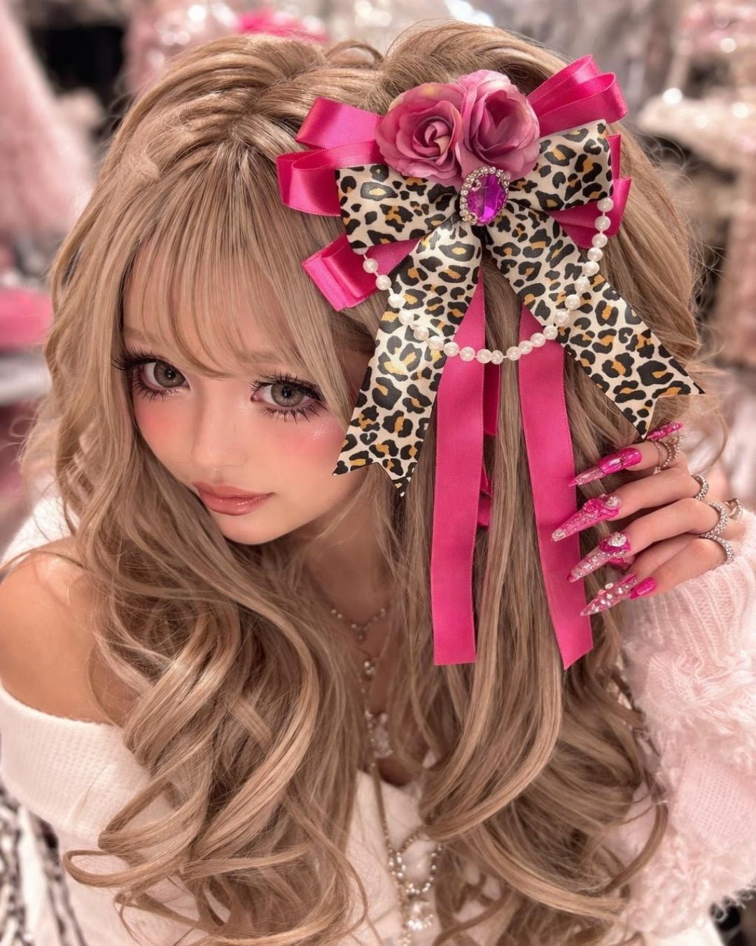GyaruLab Handmade Hot Pink Leopard Ribbon Hair Clip - GyaruLab