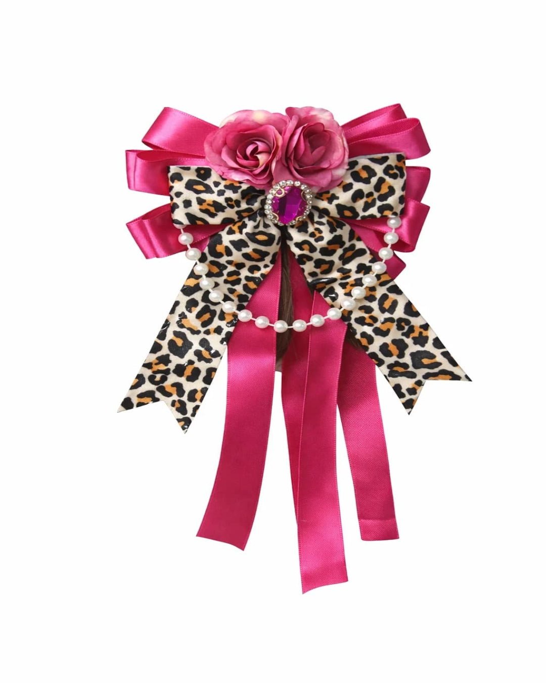 GyaruLab Handmade Hot Pink Leopard Ribbon Hair Clip - GyaruLab