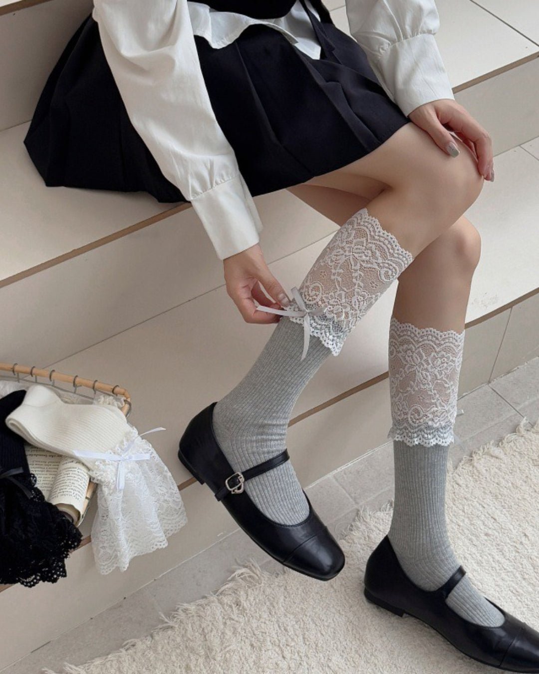 GyaruLab Hime Lace Ribbon Socks – Cute Gyaru Bow Socks - GyaruLab