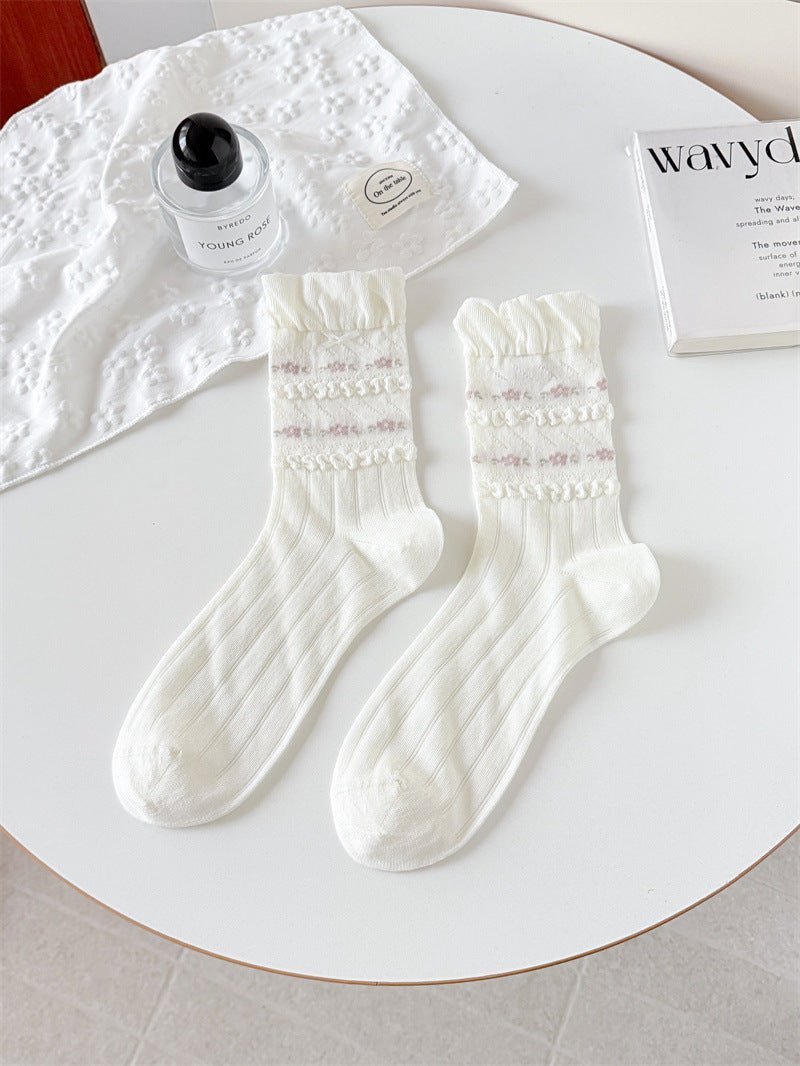 GyaruLab Lace Bow Floral Socks – Soft Girl Gyaru Mid - Calf - GyaruLab