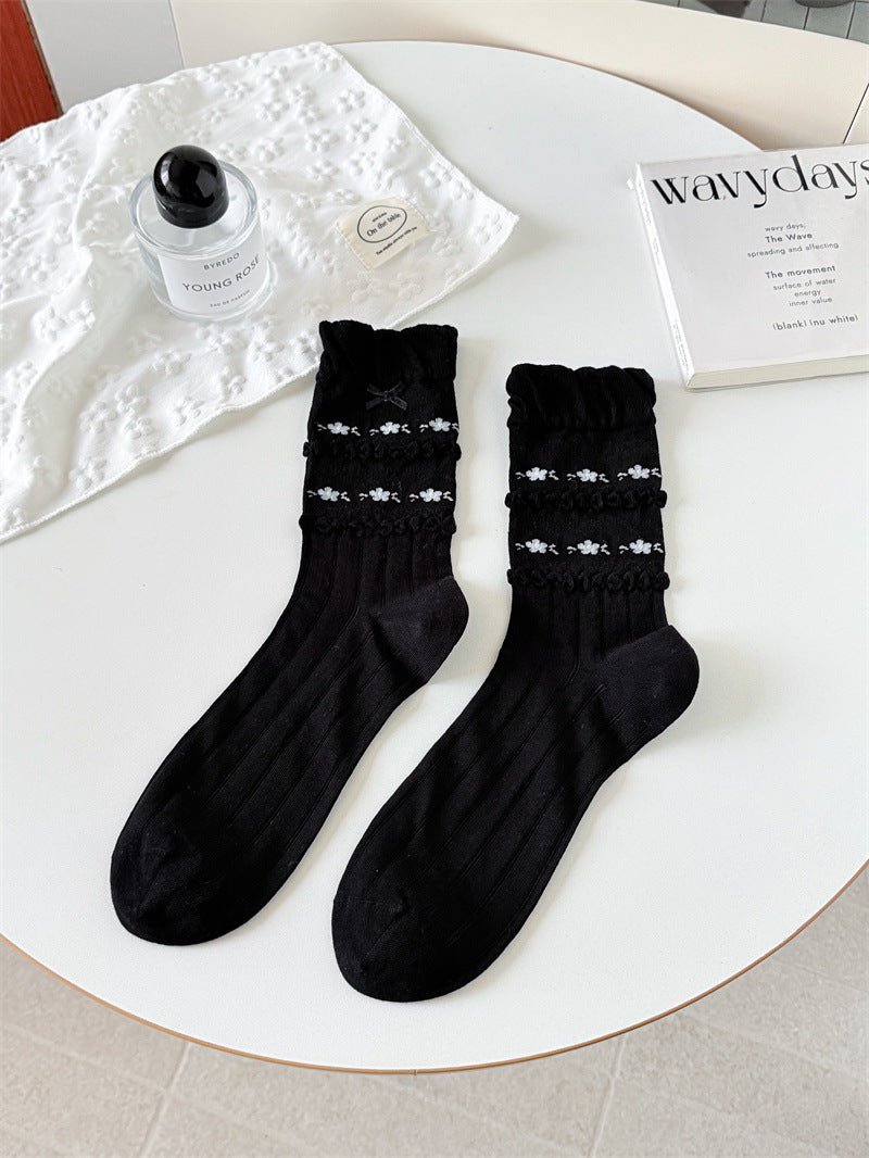 GyaruLab Lace Bow Floral Socks – Soft Girl Gyaru Mid - Calf - GyaruLab