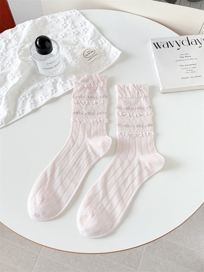 GyaruLab Lace Bow Floral Socks – Soft Girl Gyaru Mid - Calf - GyaruLab