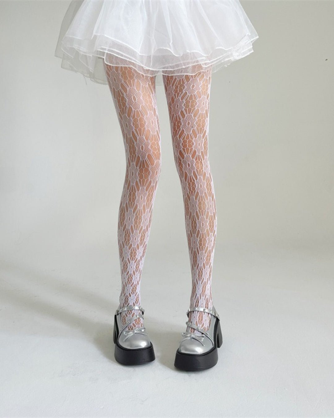 GyaruLab Lace Fishnet Tights – Y2K Floral Sheer Gyaru Stockings - GyaruLab