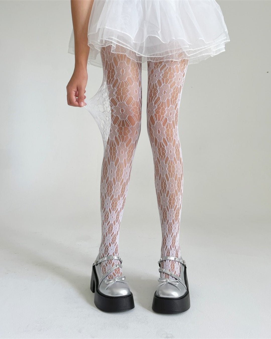 GyaruLab Lace Fishnet Tights – Y2K Floral Sheer Gyaru Stockings - GyaruLab