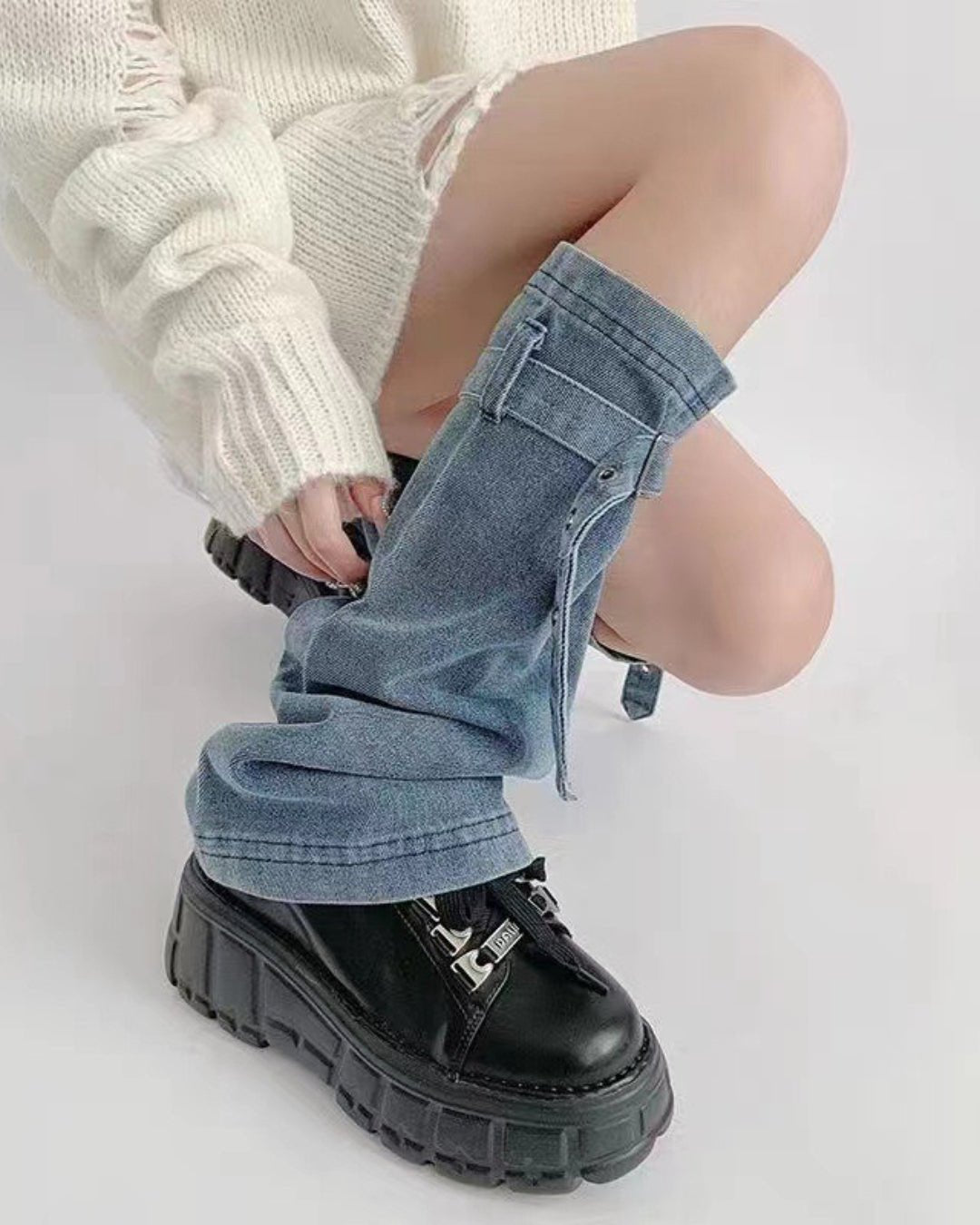 Gyarulab Layered Denim Faux Stacked Jeans Leg Warmers - GyaruLab