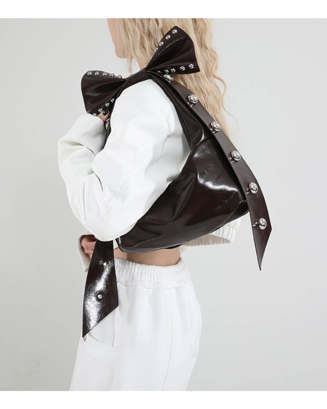 GyaruLab Patent Bow Studded Shoulder Bag - GyaruLab