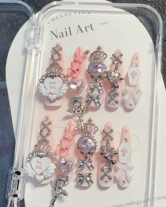 GyaruLab Pink Kawaii Kitty Crystal Press On Nail - GyaruLab