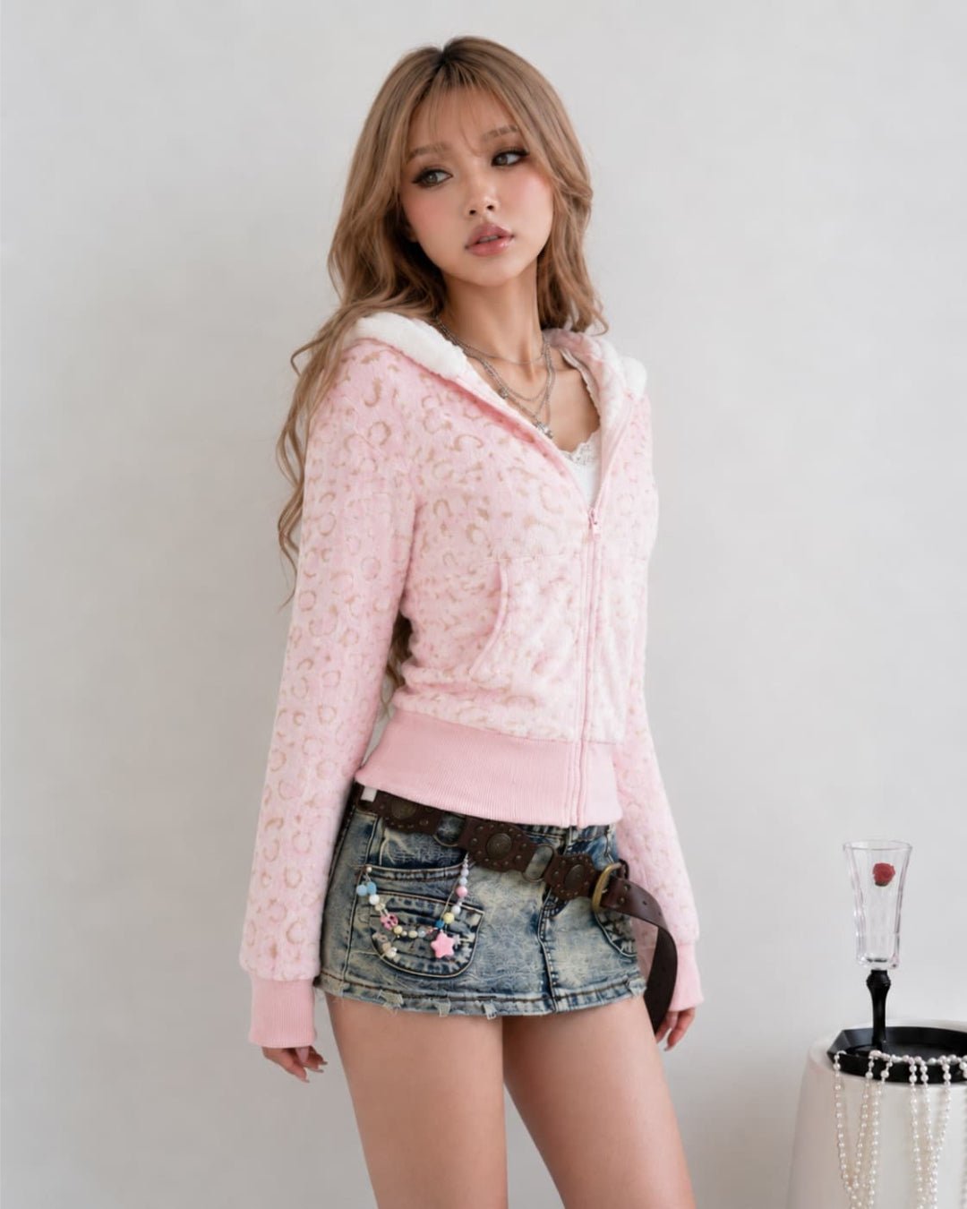 GyaruLab Pink Leopard Fuzzy Zip Hoodie - GyaruLab