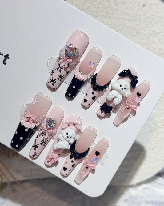 GyaruLab "Poodle Palace" Lace Ribbon Nails - GyaruLab
