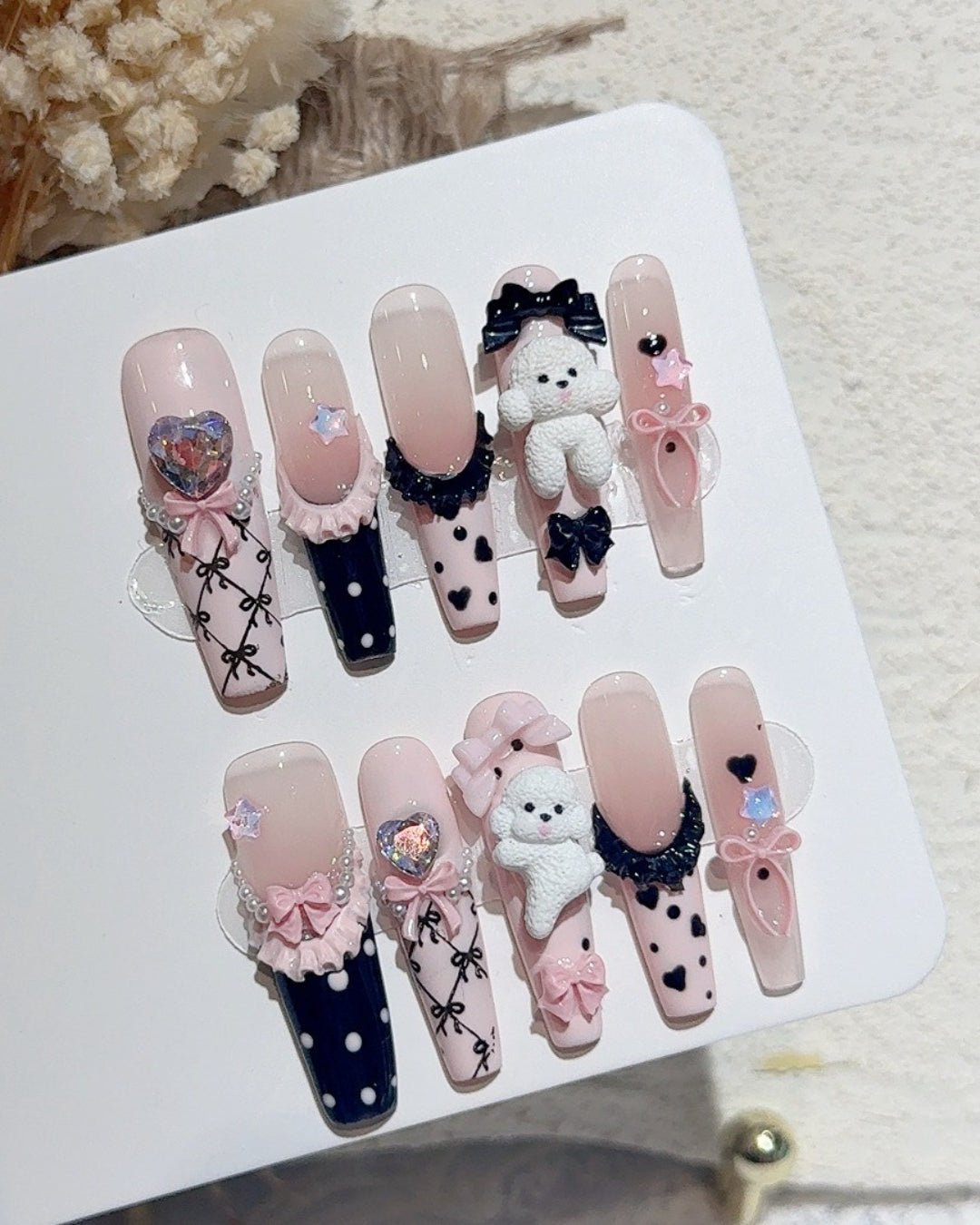 GyaruLab "Poodle Palace" Lace Ribbon Nails - GyaruLab