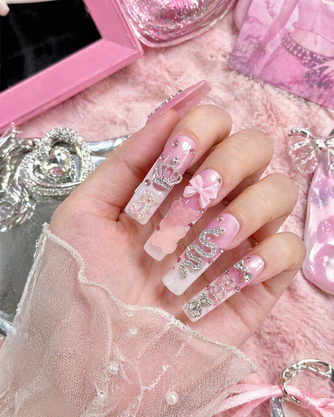 Gyarulab Princess Press-On Pink Bling 3D Nail Set - GyaruLab