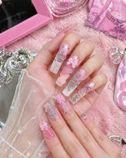 Gyarulab Princess Press-On Pink Bling 3D Nail Set - GyaruLab