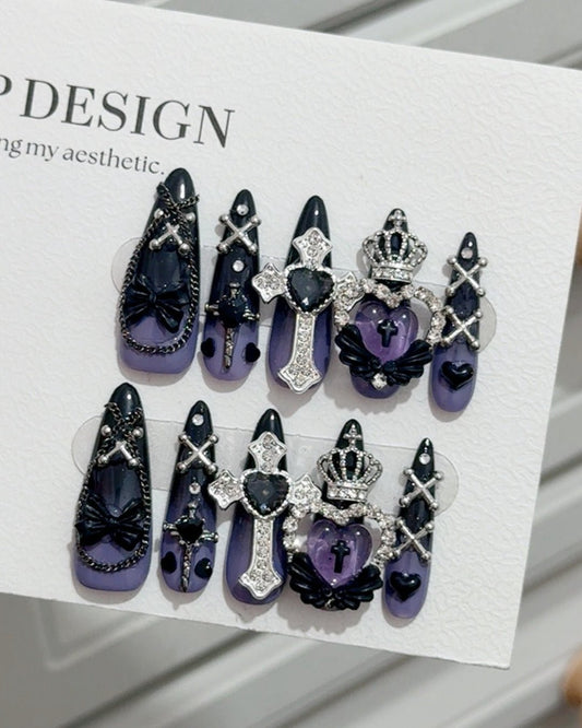GyaruLab Purple Gothic Crown Cross Rhinestone Nail - GyaruLab