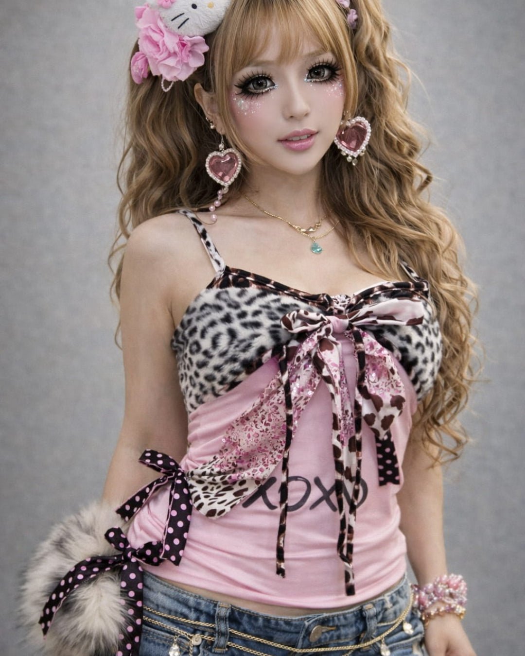 GyaruLab Retro Shibuya Leopard & Bow Print Camisole - GyaruLab