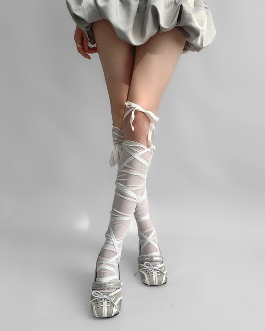 GyaruLab Ribbon Wrap Sheer Knee High Socks - GyaruLab